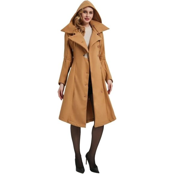 Women Khaki Wool Winter Goth Lapel Peacoat Outwear Thick Hood Trench Coat - Picture 4 of 6